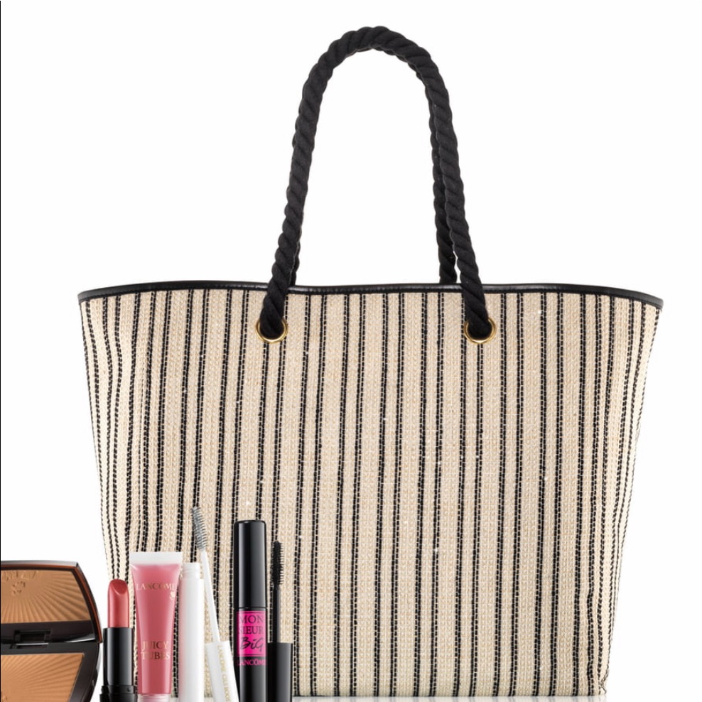 Lancme "Parisian Glow" Tan & Black Striped Tote Bag With Rope Handles
